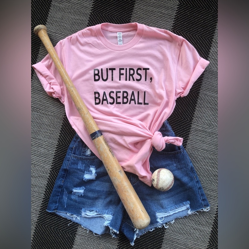 NEW! But First, Baseball Tee in Pink (S-2X)